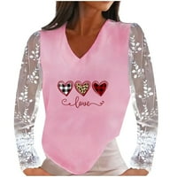 Ženski džemperi, ležerni čipkasti pulover s džepnim dekolteom i dugim rukavima, Bluza s printom srca, majice,
