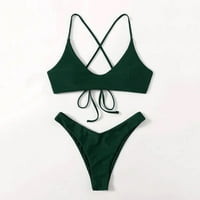 + Ženski jednobojni bikini set s naramenicama s niskim strukom s podijeljenim printom u zelenoj boji