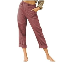+ Hlače visokog struka, ženske Ležerne ljetne hlače od pamuka i lana, jednobojni džepovi, gumbi, elastični pojas,