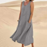 Ženske modne haljine ležerna jednobojna duga haljina bez rukava od pamuka i lana haljina za plažu