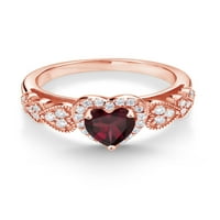 Gem Stone King 18K ružičasti zlatni srebrni prsten set sa srcem Rhodolit Garnet i Moissanite