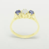 Ženski prsten za obljetnicu od 9 karatnog žutog zlata britanske proizvodnje s prirodnim opalom i tanzanitom -