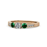 Ručno izrađeni dijamantni smaragdni prsten od 0,5 karatnog bočnog smaragda od 14 karatnog ružičastog zlata.Veličina