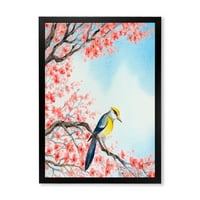 Prekrasna crvena ptica koja sjedi na cvjetanoj grani uokvirila sam slikanje platna umjetnički tisak