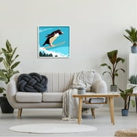 Pingvin koji skija iznad drveća, Zimski sportovi, ilustracija, grafika, zidni tisak u bijelom okviru, dizajn zaljeva