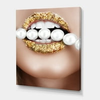 DesignArt 'Zlatni listovi usana usana s biserima' moderni platno zidni umjetnički otisak