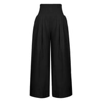 Ženske ljetne pamučne platnene hlače s visokim strukom, široke noge duge ležaljke hlače s džepnim crnim m