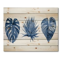DesignArt 'tropska lišća u klasičnom plavom' tropskom tisku na prirodnom borovom drvetu