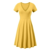 Ženska moda udobna kratka rukava V vrata čvrste boje ljetna haljina žuta s