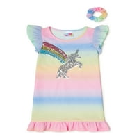Btween Girl's Rainbow Unicorn ruffle pidžama spavaćica s odgovarajućim kosom Scrunchie, veličine 4-12
